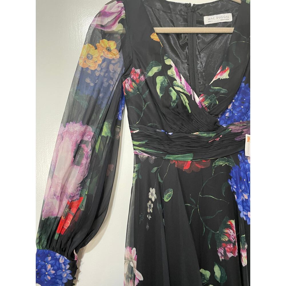 Mac Duggal Long Sleeve Floral Chiffon Gown Black Print 67872 Sz 2 NWT Romantic - Picture 5 of 16
